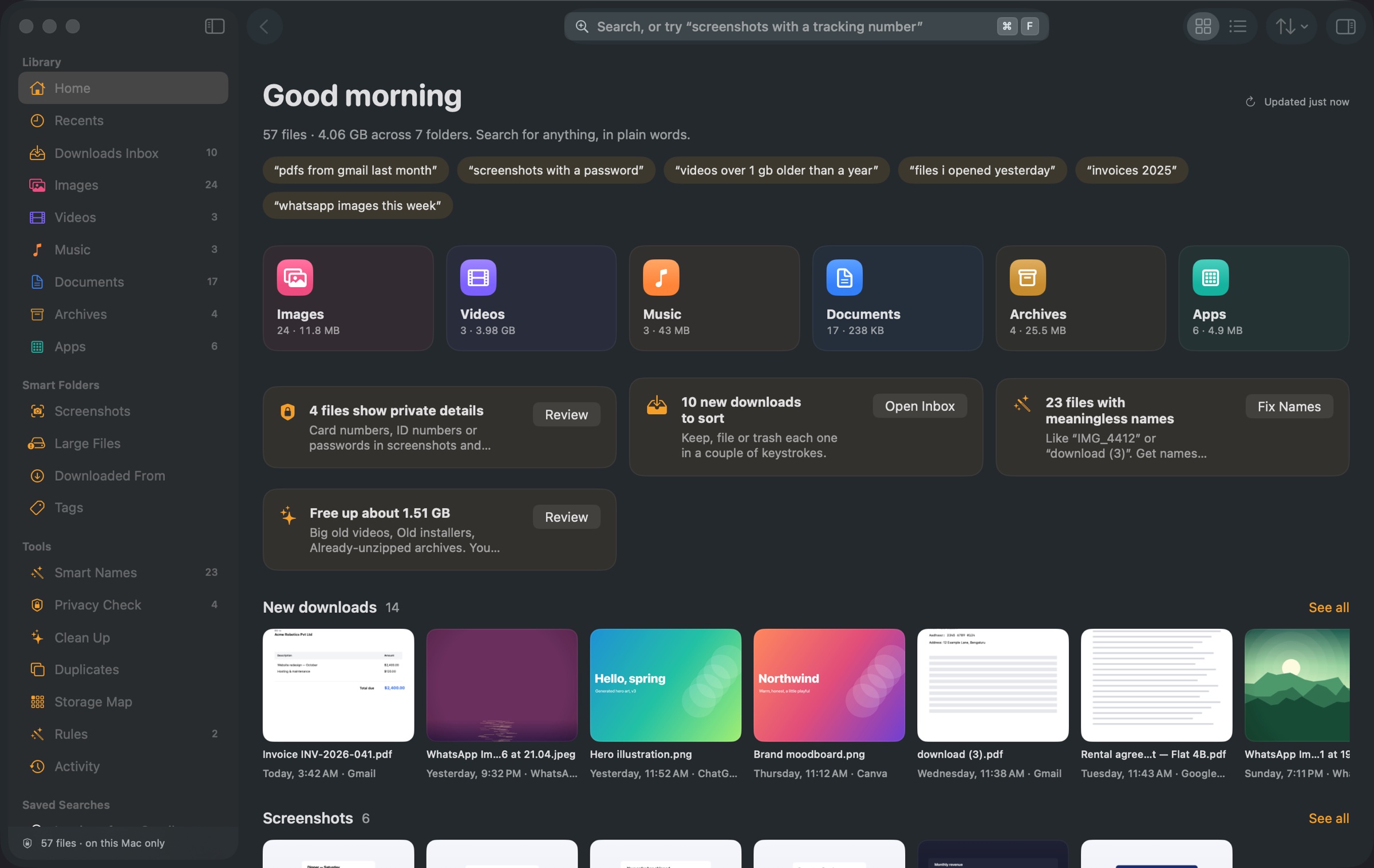 TidyFind's Home screen: a sidebar of file categories, tiles for images, videos, music, documents, archives and apps, and shelves of new downloads and screenshots.