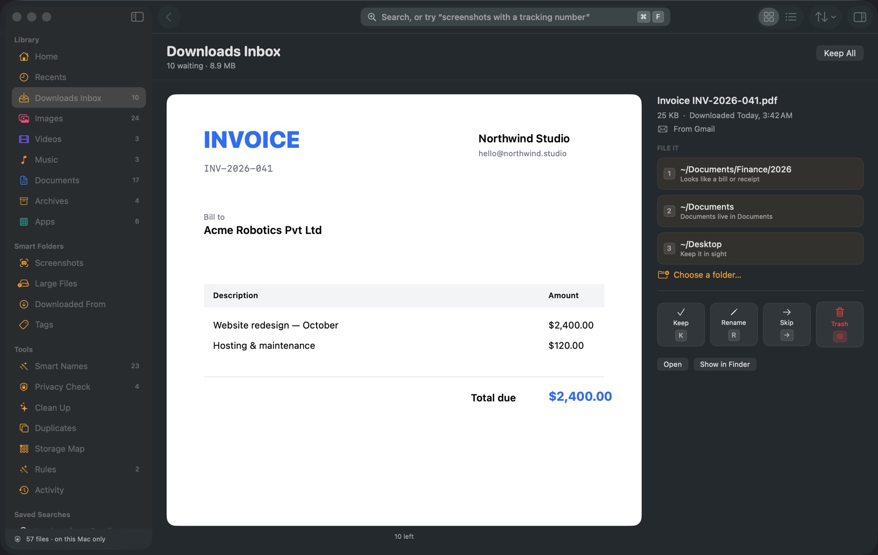 The Downloads Inbox showing an invoice from Gmail with a large preview and suggested folders numbered 1 to 3.