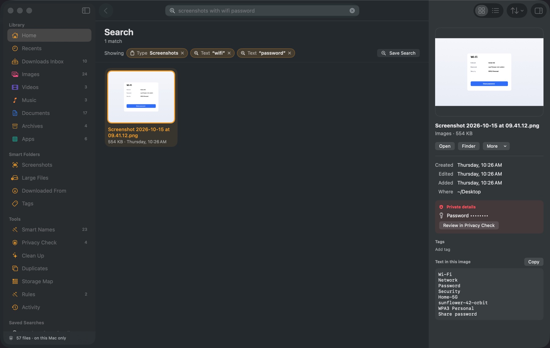 Searching “screenshots with wifi password” finds one screenshot, and the inspector shows the text TidyFind read from it.