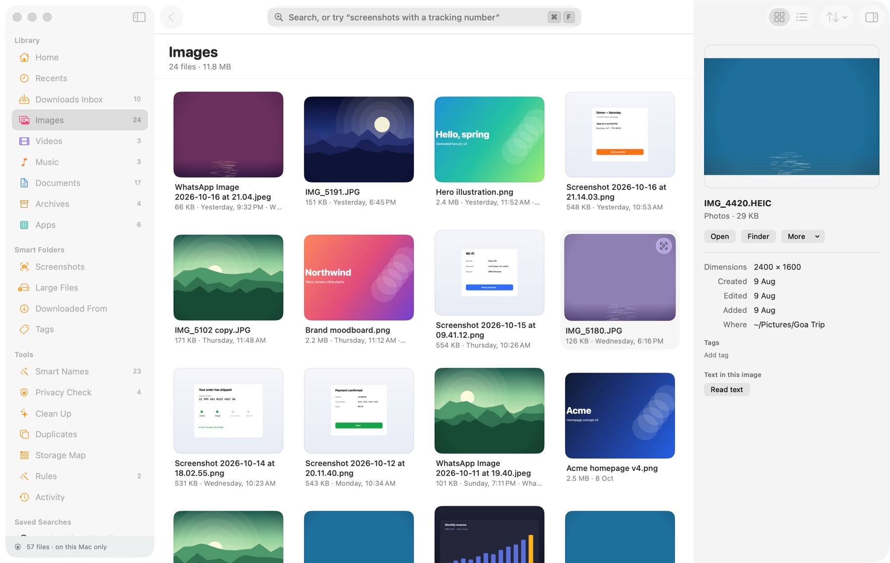 TidyFind in light mode showing a grid of photos with the inspector open.