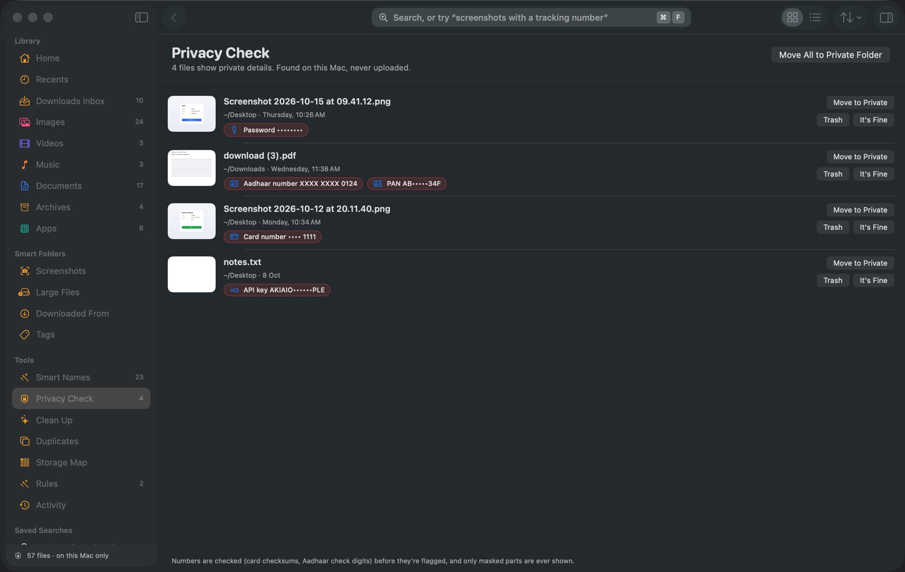 Privacy Check listing files that show a card number, PAN, Aadhaar number, password or API key, each masked.