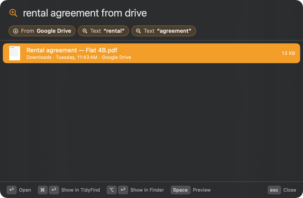 The Quick Search panel finding a rental agreement downloaded from Google Drive.