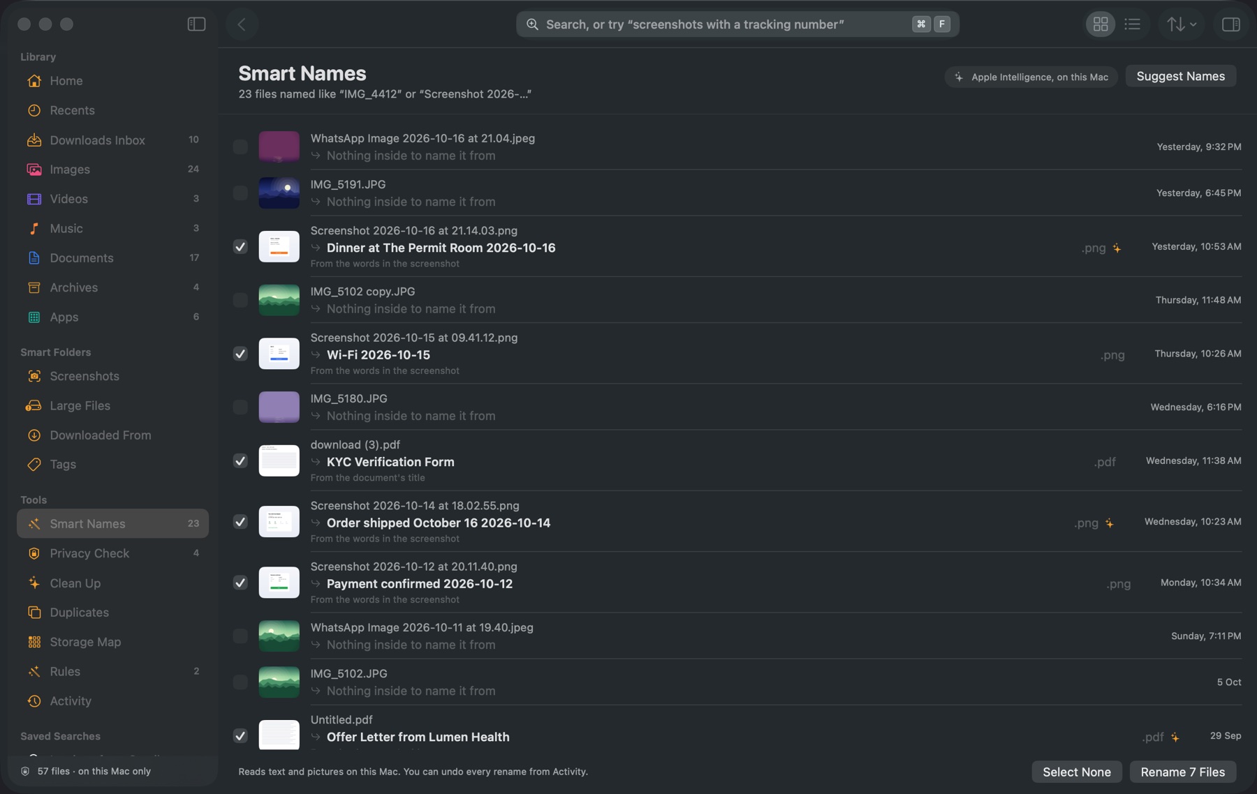 Smart Names: a list of messy file names with clear suggested names beside each one.