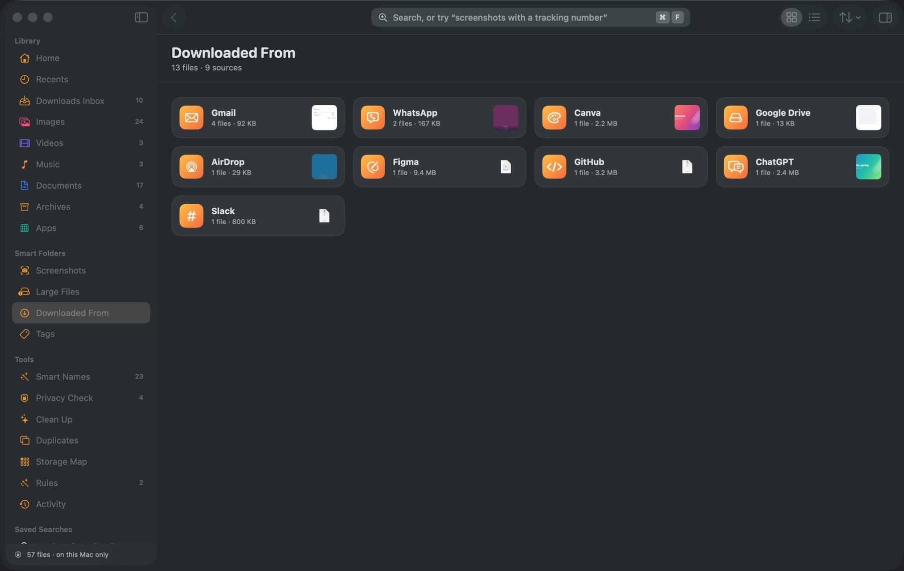 Downloads grouped by source, such as Gmail, Google Drive, WhatsApp and ChatGPT.