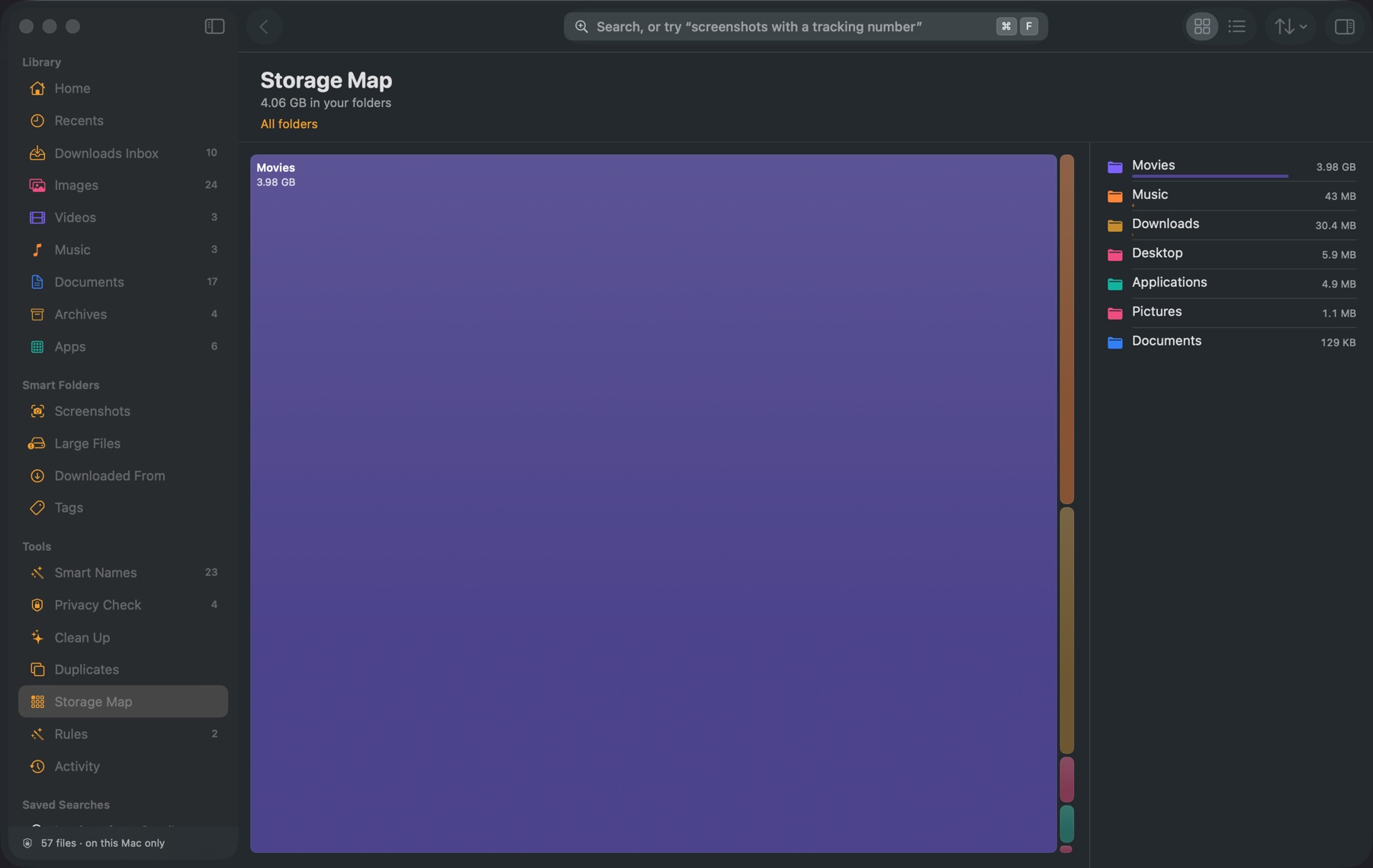 A map of folders sized by storage, with a list of the largest folders beside it.